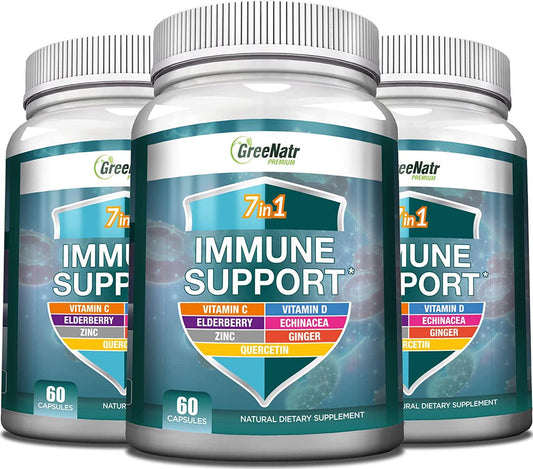 7 in 1 Immune Support Supplement with Vitamin C, Vitamin D3, Zinc 50mg, Quercetin, Echinacea Purpurea, Sambucus Elderberry and Ginger for Complete Immune Defense - Immunity Vitamins -60 Capsules