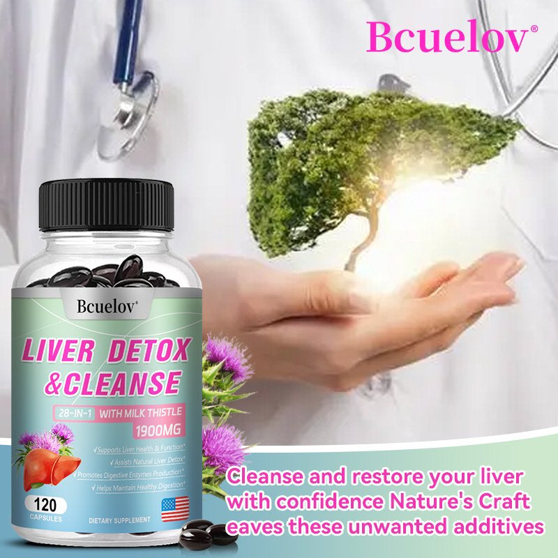 Bcuelov 28-In-1 Liver Cleanse Detox & Repair Fatty Liver Formula - Milk Thistle, Artichoke Extract, Dandelion & Apple Cider Vinegar - Liver Health Supplement Support Capsules