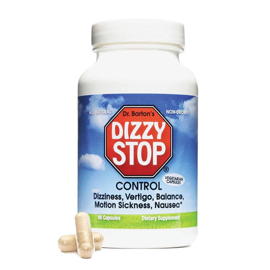 Dr. Barton’S Dizzy Stop - All-Natural Vertigo Relief, Inner Ear Balance, anti Nausea Supplement, Non Drowsy Motion Sickness Pills for Nausea Relief, Seasickness Relief, & Dizziness Relief, 80 Capsules
