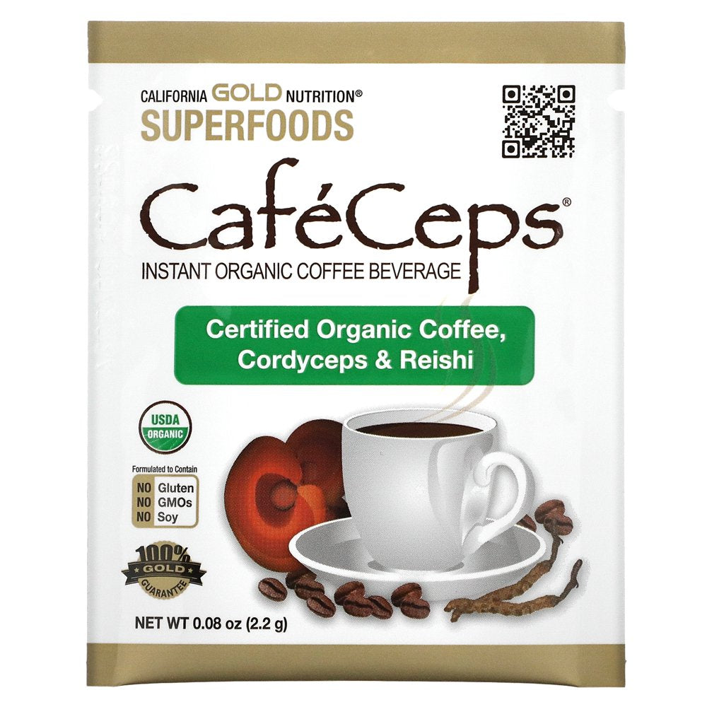 California Gold Nutrition Cafeceps, Certified Organic Instant Coffee with Cordyceps and Reishi Mushroom Powder, 30 Packets, 0.08 Oz (2.2 G) Each