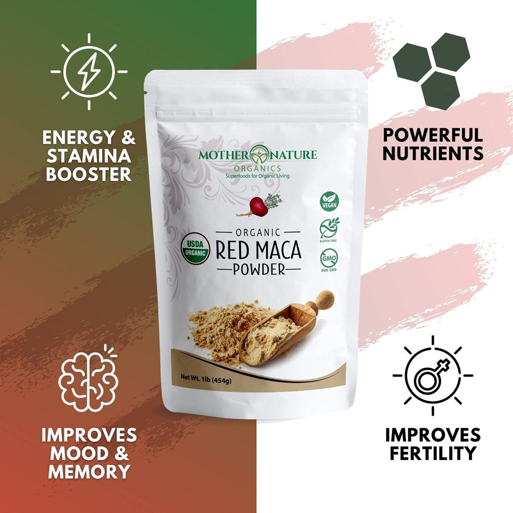 Red Maca Root Powder for Men & Women | 100% Organic, Vegan, Gluten-Free, and Non-Gmo | Pre Workout, Muscle Mass Gainer Recovery, Energy Drink Powder, Hormone Balance, Prostate Supplements - (16 Oz)