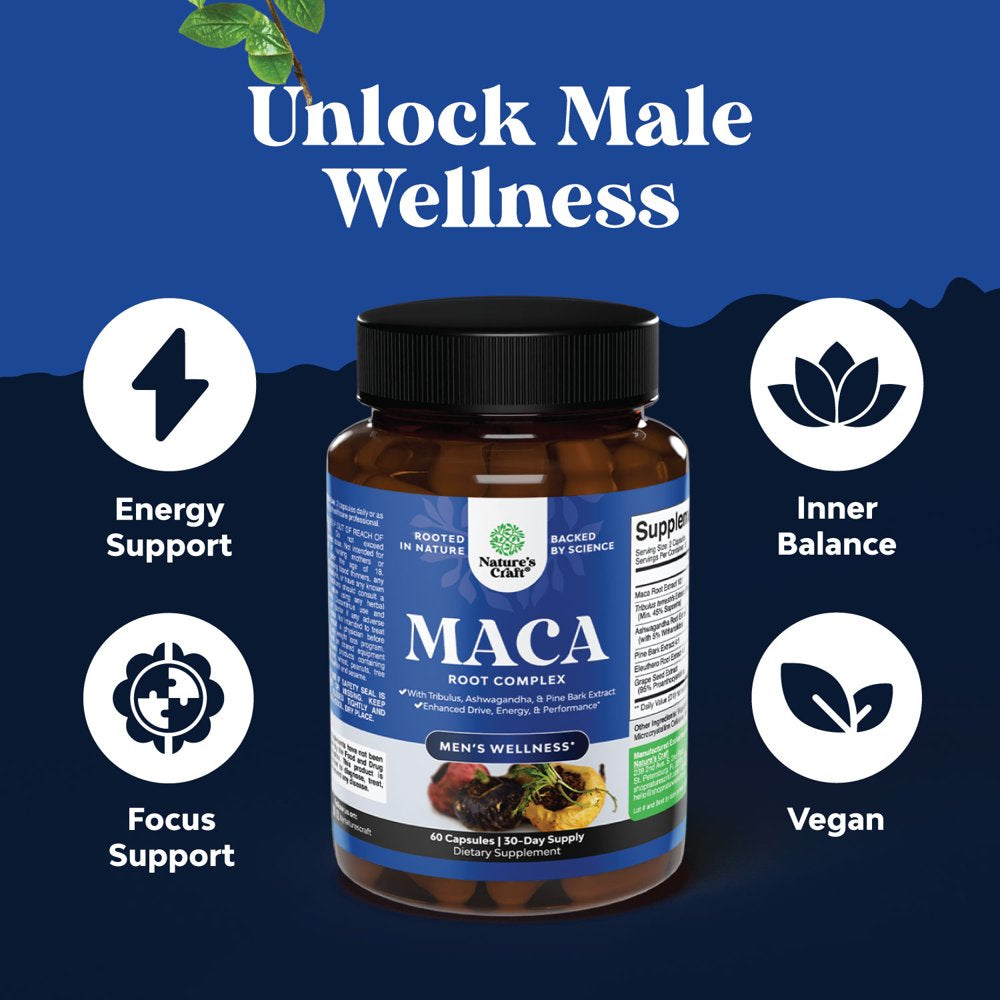 Black Maca Root Capsules for Men - Herbal Testosterone Supplement for Men with Siberian Ginseng Ashwagandha and Black Maca Root for Men - Invigorating Drive Mood Strength & Energy Booster for Men