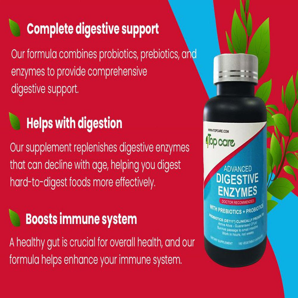 4 TOP CARE Digestive Enzymes – a Digestive Health Solution with Probiotics, Prebiotics, and Enzymes for Women and Men, Offering Relief from Bloating and Supporting Gut Health – 180 Count