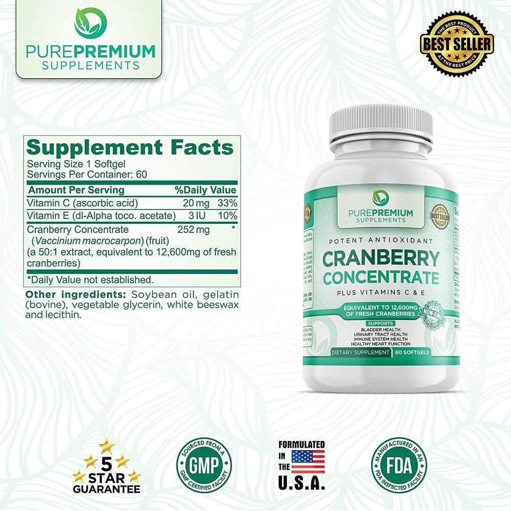 Cranberry Pills by Purepremium Supplements - Maximum Potency Cranberry Concentrate - Non-Gmo, 60 Softgels
