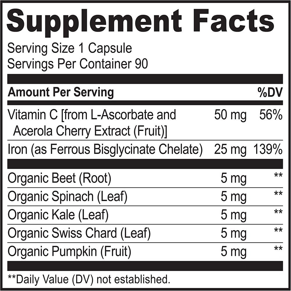 NATURELO Vegan Iron Supplement with Vitamin C and Organic Whole Foods - Gentle Iron Pills for Women & Men W/ Iron Deficiency Including Pregnancy, Anemia and Vegan Diets - 90 Mini Capsules