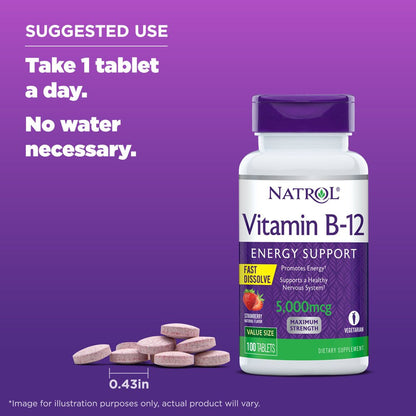 Natrol Vitamin B12 Fast Dissolve Tablets, Dietary Supplement, 5000 Mcg, 100 Count