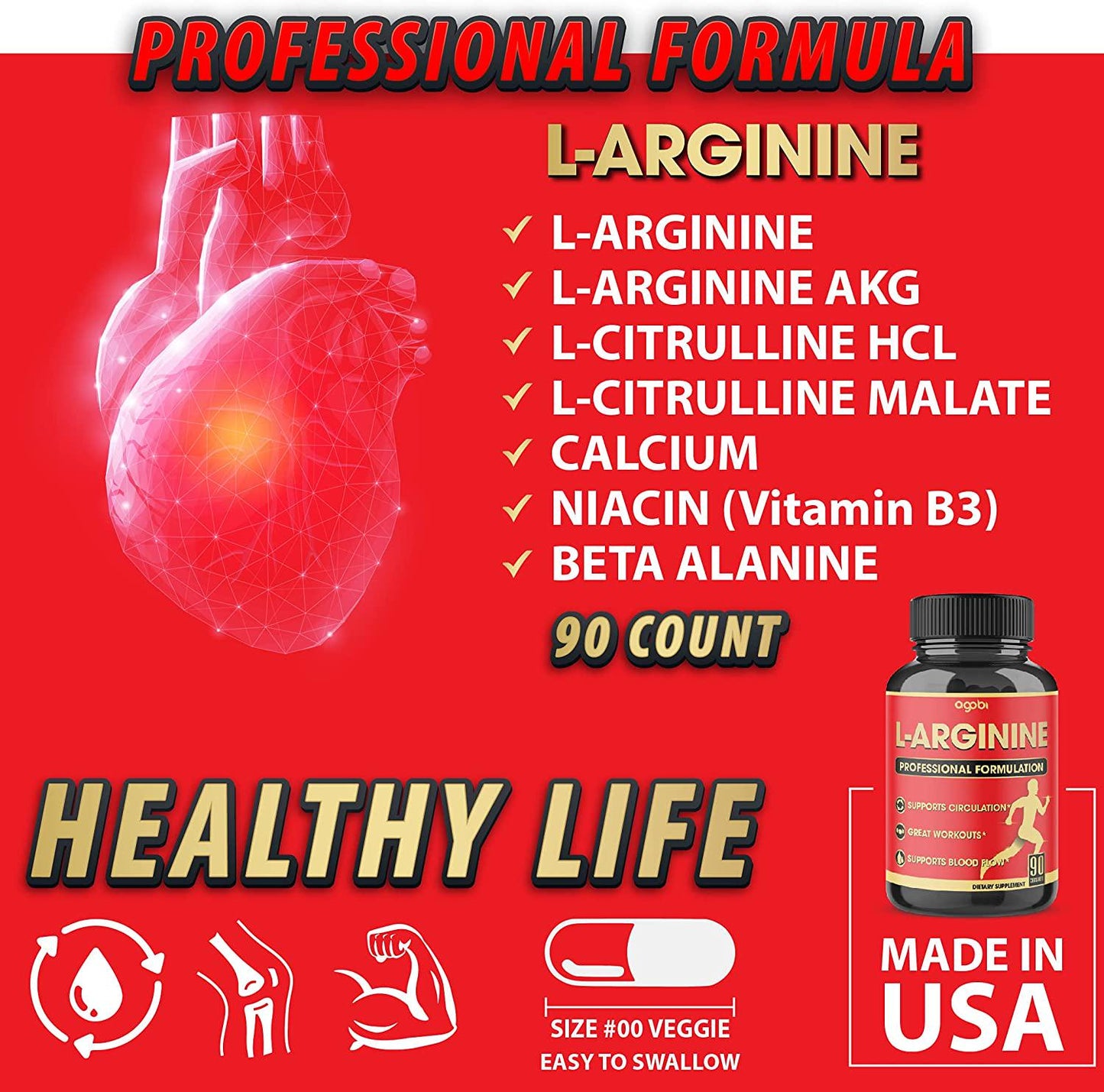 7in 1 L-arginine Capsules With Extra Ca, Vit B3 For Healthy Circulation and Workouts Daily Support For Men And Women - Usa Manufactured Supplement 90 Vegan Capsules