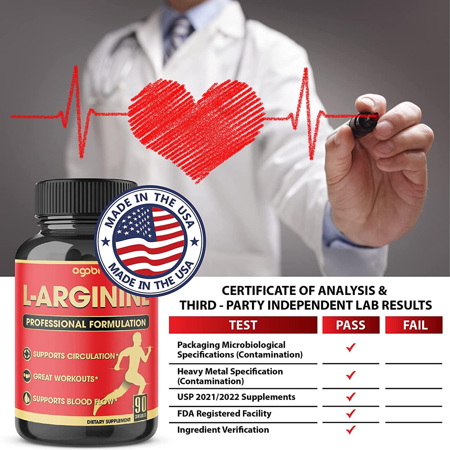 7in 1 L-arginine Capsules With Extra Ca, Vit B3 For Healthy Circulation and Workouts Daily Support For Men And Women - Usa Manufactured Supplement 90 Vegan Capsules