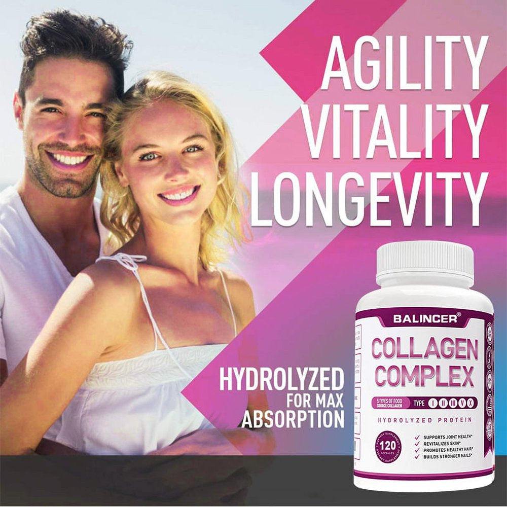 Balincer Premium Multi Collagen Peptides Capsules (Types I, II, III, V, X) - Hair, Skin and Nails, Digestive & Joint Health Supplement, Hydrolyzed Collagen Pills