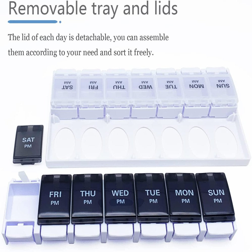 BDUN 7 Day Pill Organizer AM PM 2 Times a Day, Large Capacity Weekly Pill Box Twice Daily, Pill Case 14 Dividers Bpa-Free Medicine Organizer with Easy Push Button