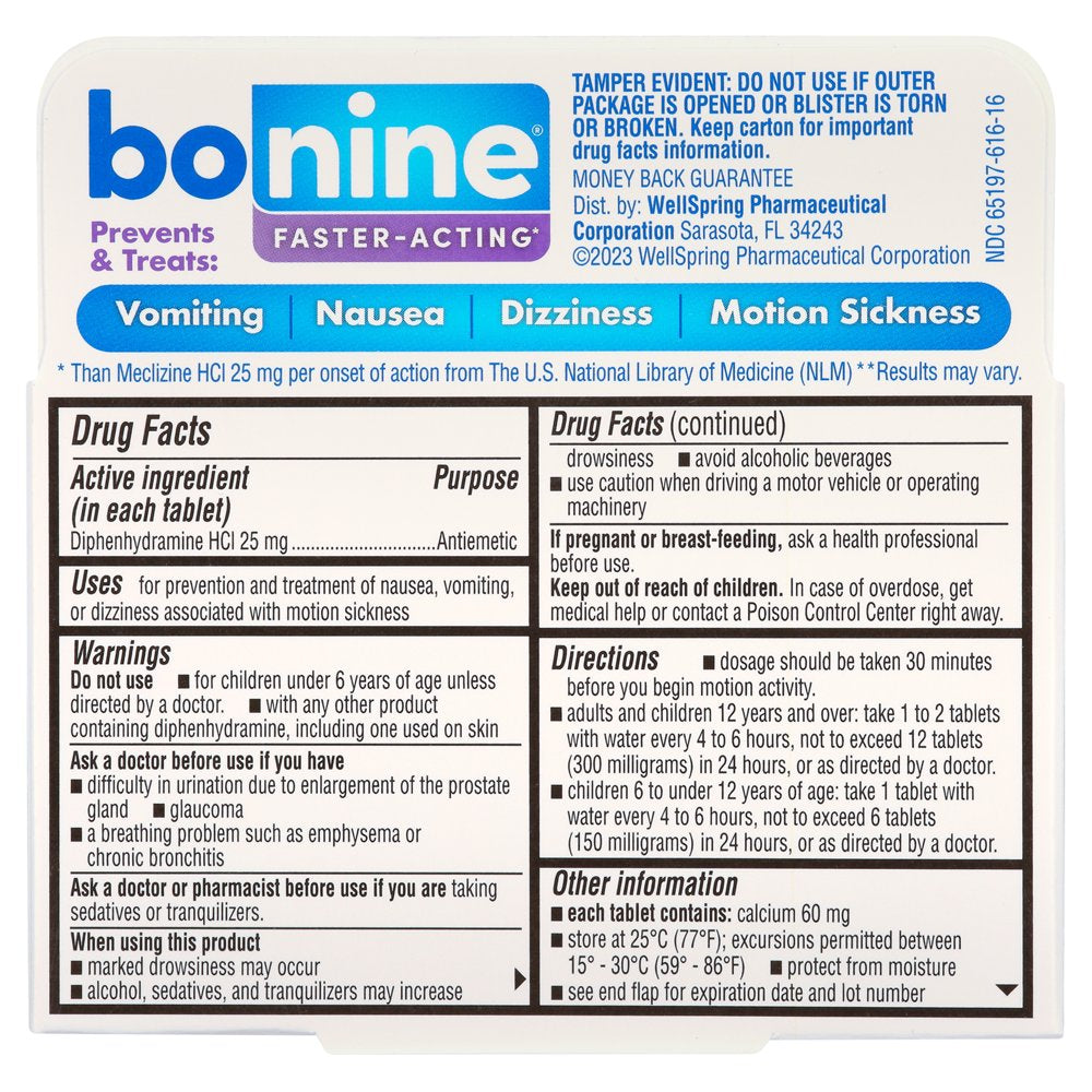 Bonine Faster Acting Nausea Dizziness Vomiting and Motion Sickness Relief Tablets, 16 Ct