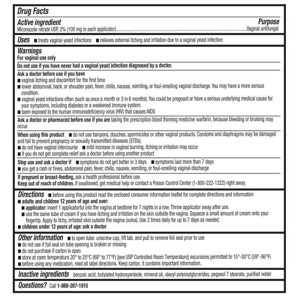 Equate Miconazole 7-Day Vaginal Cream with Disposable Applicators, 1.59 Oz, Yeast Infection Treatment