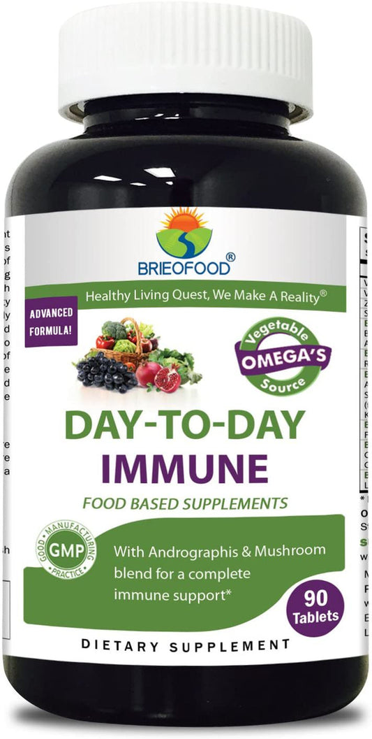 Brieofood Immune 90 Tablets, Food Based Daily Immune System Booster Supplement Made with Vegetable Source Omegas, Probiotics and Herbal Blends