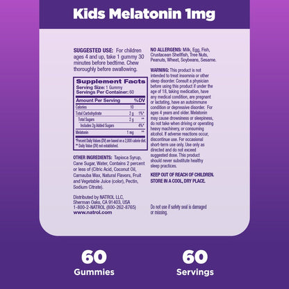 Natrol Kids Melatonin Sleep Aid Gummies, Ages 4 and Up, Drug-Free, Raspberry, 1Mg, 60 Count