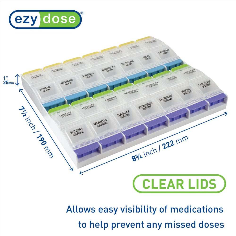 Ezy Dose Weekly (7-Day) Pill Organizer, 4 Times a Day Pill Planner, Push Button Compartments (2XL)