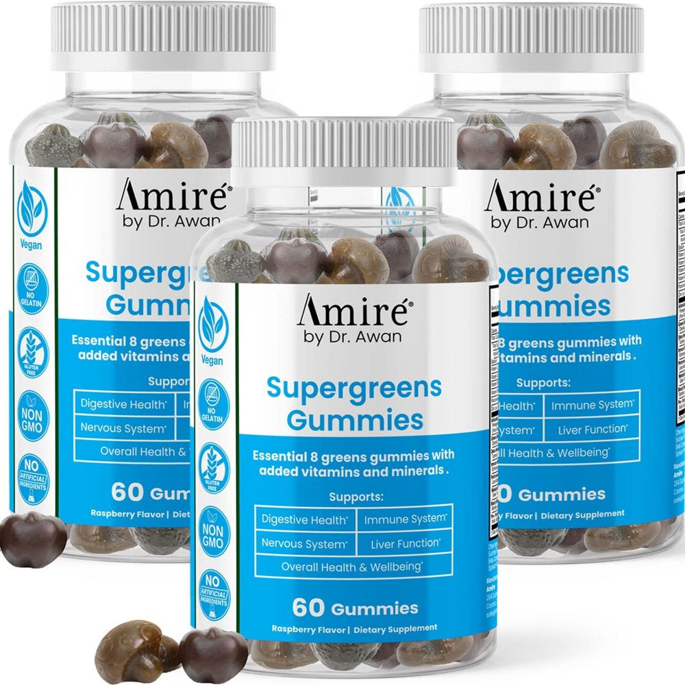 Amire by Dr. Awan Super Greens Gummies, Fruits & Veggies Supplement, Green Superfood for Immunity, Metabolism, Liver Function & Nervous System, Essential 8 Greens, 180Ct, 90-Day Supply