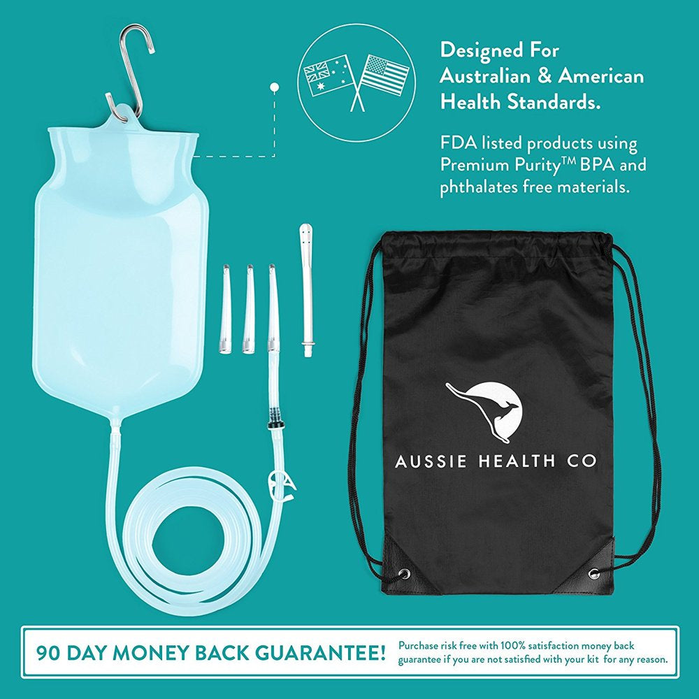 Aussie Health Co Non-Toxic Silicone Enema Bag Kit - 2 Quart Capacity for Water & Coffee Colon Cleansing - BPA & Phthalates Free - 6.5 Foot Hose, 3 Tips, Strong Clamp, Bonus Nozzle & Instruction Guide
