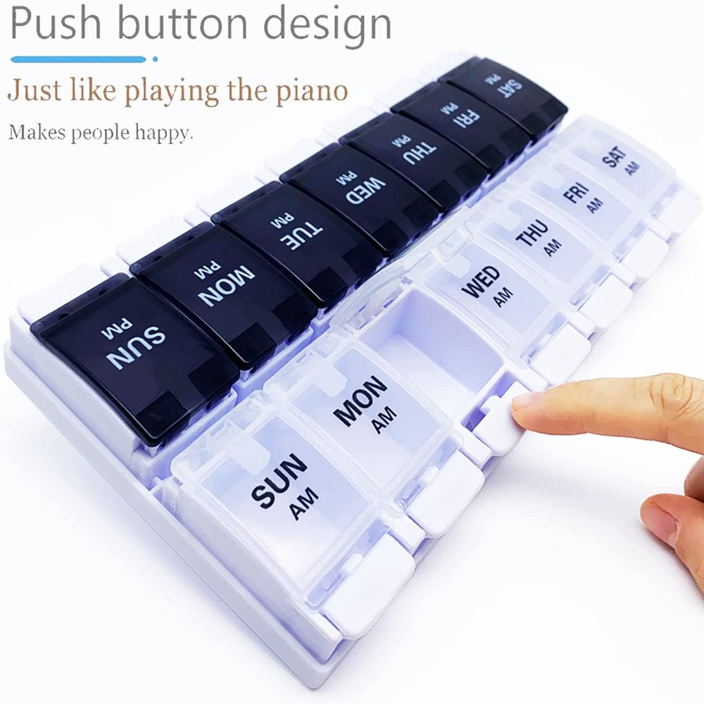 BDUN 7 Day Pill Organizer AM PM 2 Times a Day, Large Capacity Weekly Pill Box Twice Daily, Pill Case 14 Dividers Bpa-Free Medicine Organizer with Easy Push Button