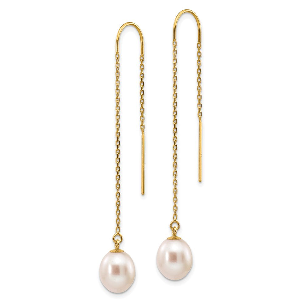 Finest Gold 14K Yellow Gold 7-8 Mm White Rice Freshwater Cultured Pearl Dangle Threader Earrings