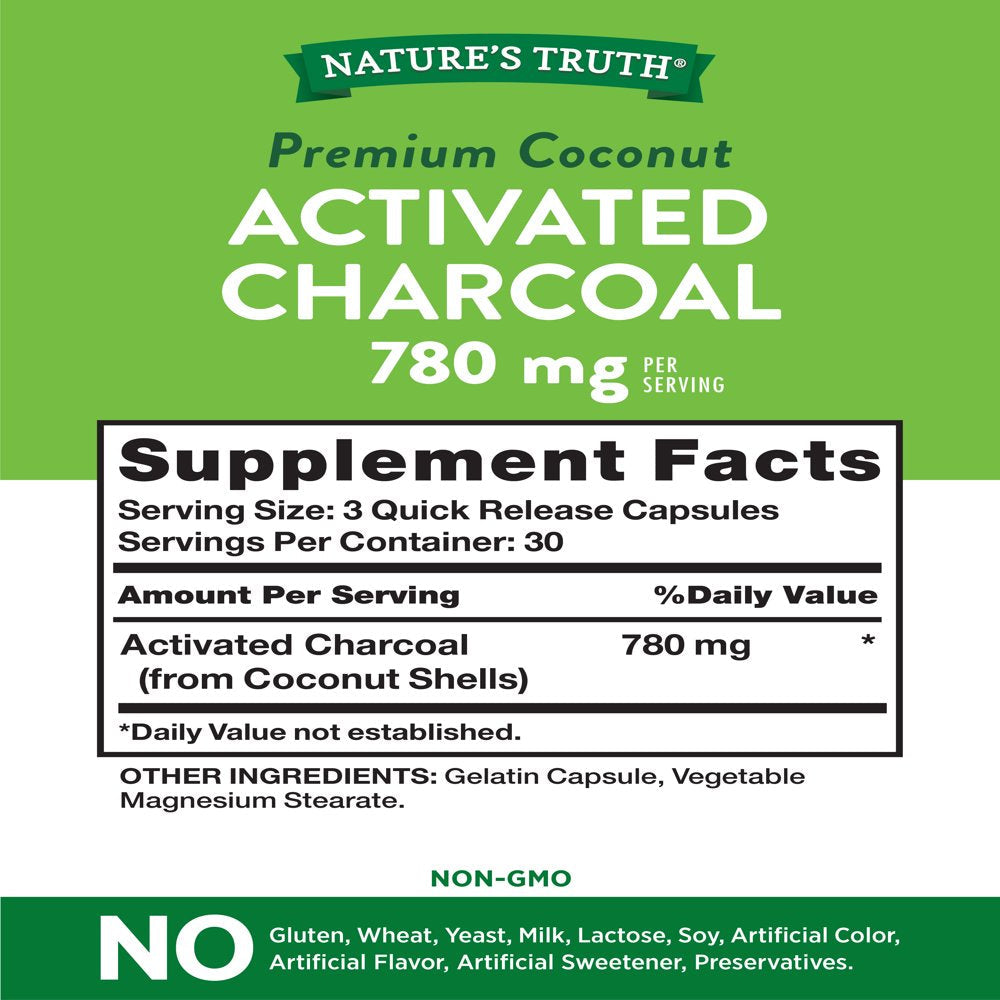 Activated Charcoal Capsules 780Mg | 90 Count | Non-Gmo, Gluten Free Pills | by Nature'S Truth