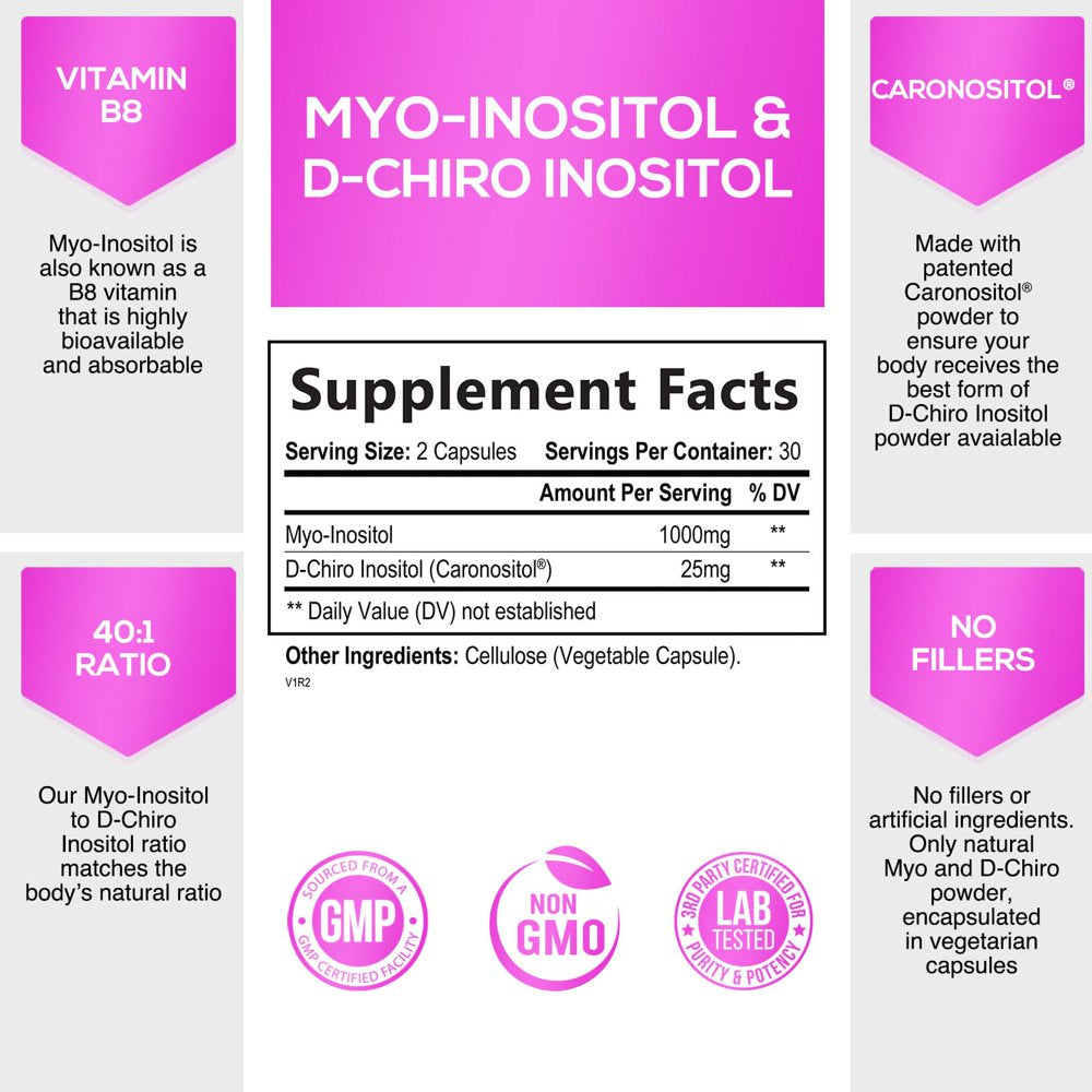 Myo-Inositol & D-Chiro Inositol, Premium 40:1 Ratio - 30 Day Supply, Vegan Ovarian Health & Hormone Support for Women, Myo Inositol Vitamin B8 Capsule, Inositol Blend Supplement - 60 Capsules