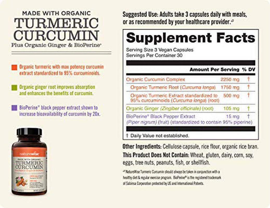 Naturewise Curcumin Turmeric 2250Mg | 95% Curcuminoids & Bioperine Black Pepper Extract | Advanced Absorption for Cardiovascular Health Joint Support | Gluten Free Non-Gmo [1 Month Supply - 90 Count]