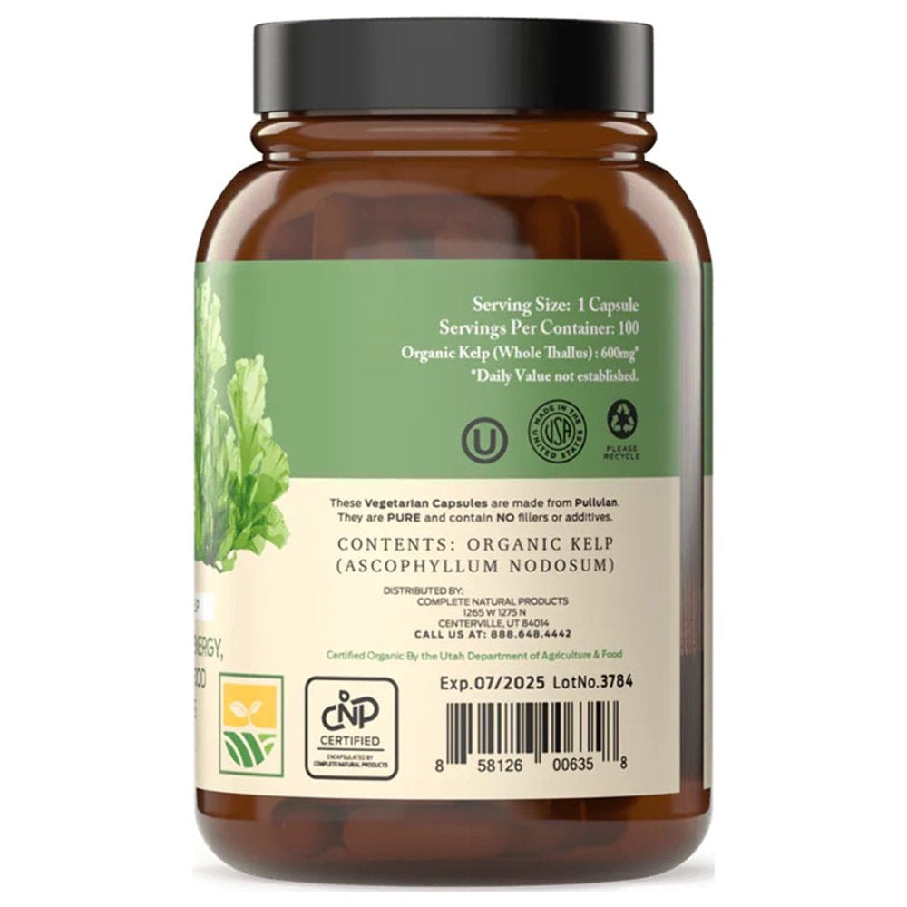 Organic Kelp Capsules - 600Mg Capsules 100 Pills Powdered Raw Sea & Seaweed & Thyroid Support Supplement Powder
