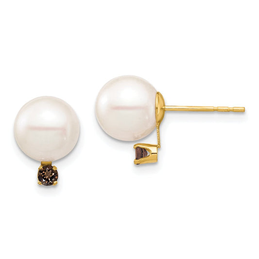 14K 8-8.5Mm White round Freshwater Cultured Pearl Smoky Quartz Post Earring XF754E/SQ
