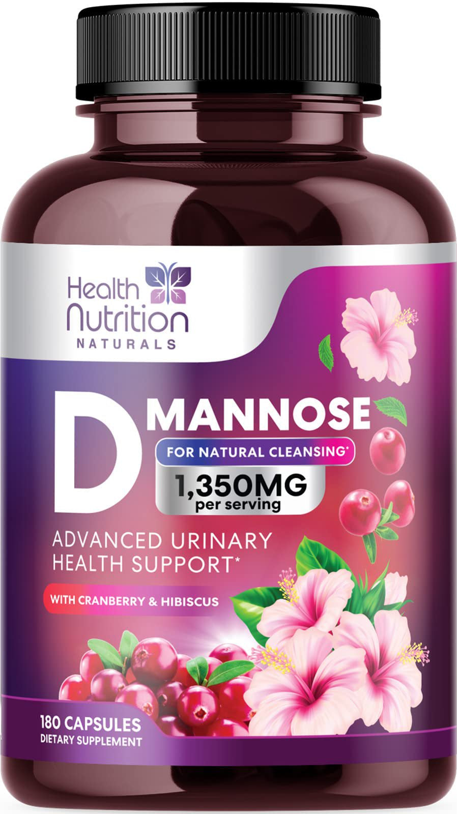 D-Mannose with Cranberry Extract 1350 Mg Complex - Fast-Acting Urinary Tract Health Support, Natural Non-Gmo & Vegan Capsules, Flush Impurities, Extra Strength Dmannose for Women & Men - 180 Capsules