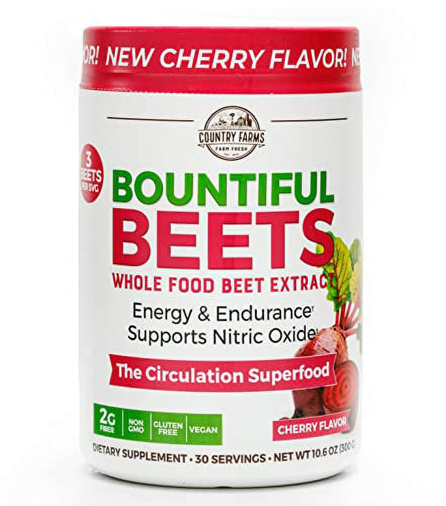 Country Farms Bountiful Beets, Wholefood Beet Extract Superfood, Helps Support Healthy Circulation and Promote Energy, Nitric Oxide Boost, Super Beets, Cherry Flavor, 30 Servings