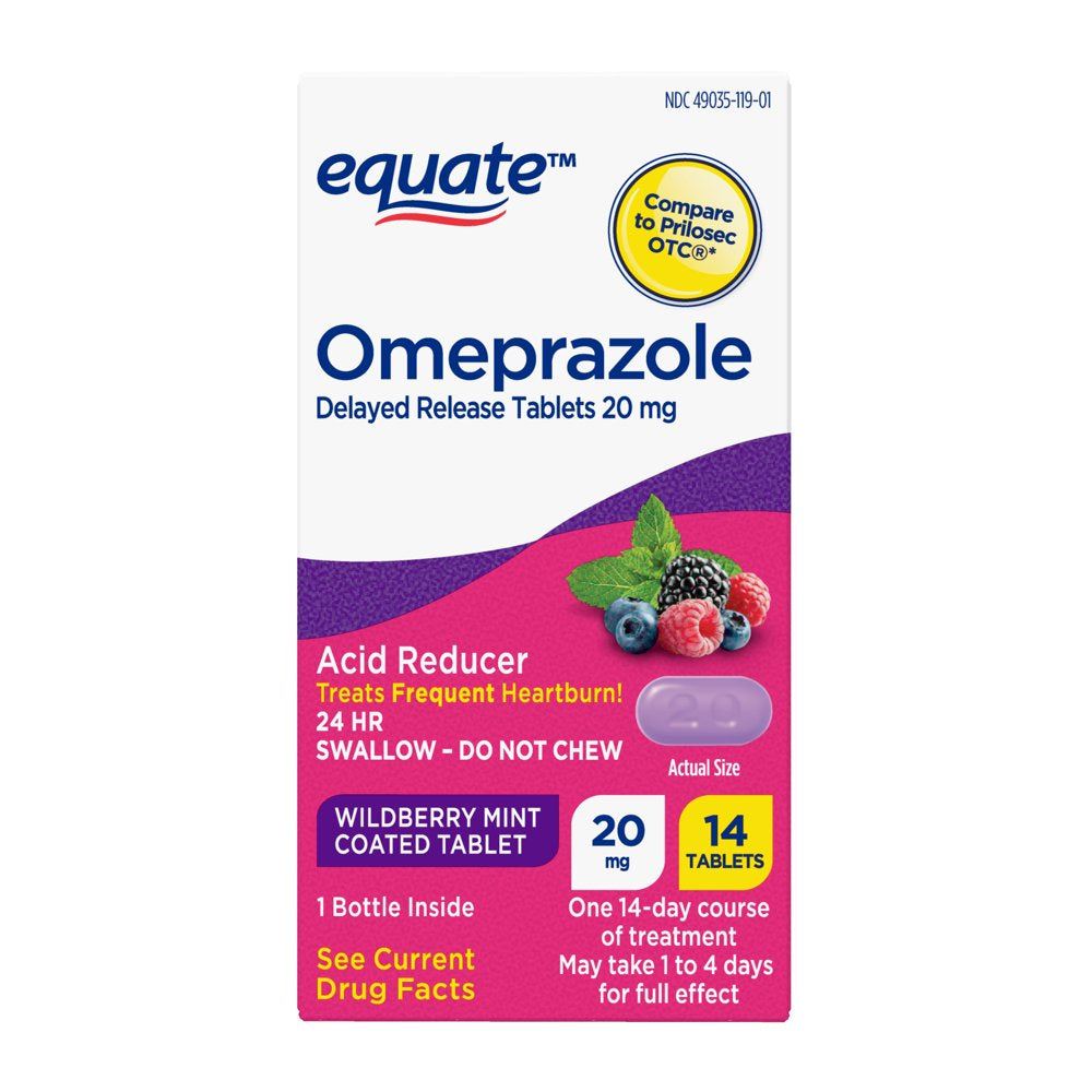 Equate Omeprazole Delayed Release Coated Tablets 20 Mg, Wildberry Mint, 14 Count