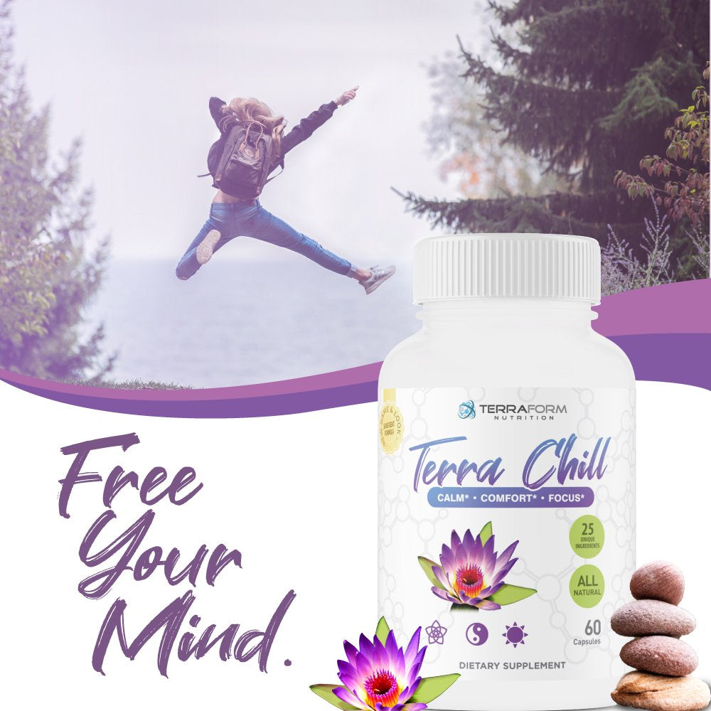 Terra Chill Premium Anxiety Relief Pills – Natural Formula Supports a Calm, Positive Mood – Stress Support, Anti-Anxiety, Mental Focus & Relaxation – Made in USA – 1 Month