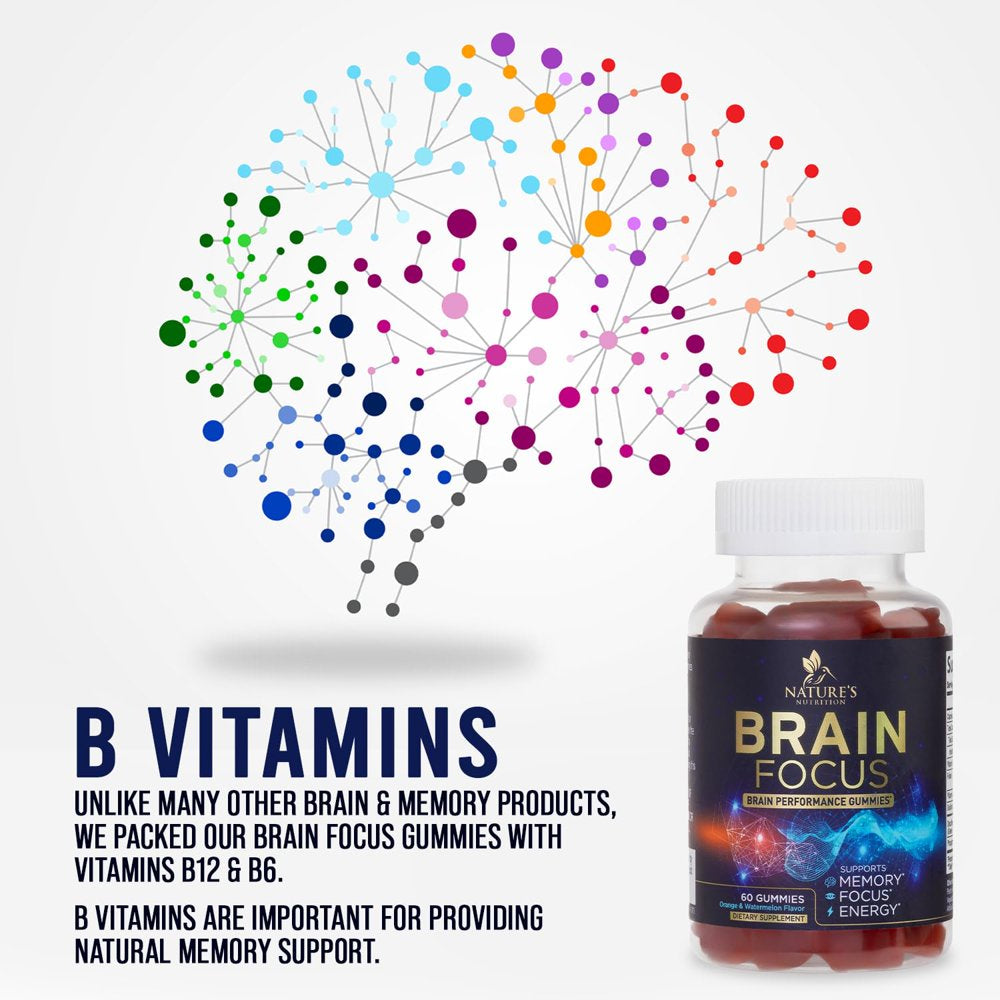 Brain Supplement Gummies for Focus & Memory Support - Nootropic Brain Vitamin Gummy to Support Concentration, Brain Health & Energy with B12, Phosphatidylserine, Brain Memory Supplements - 60 Gummies