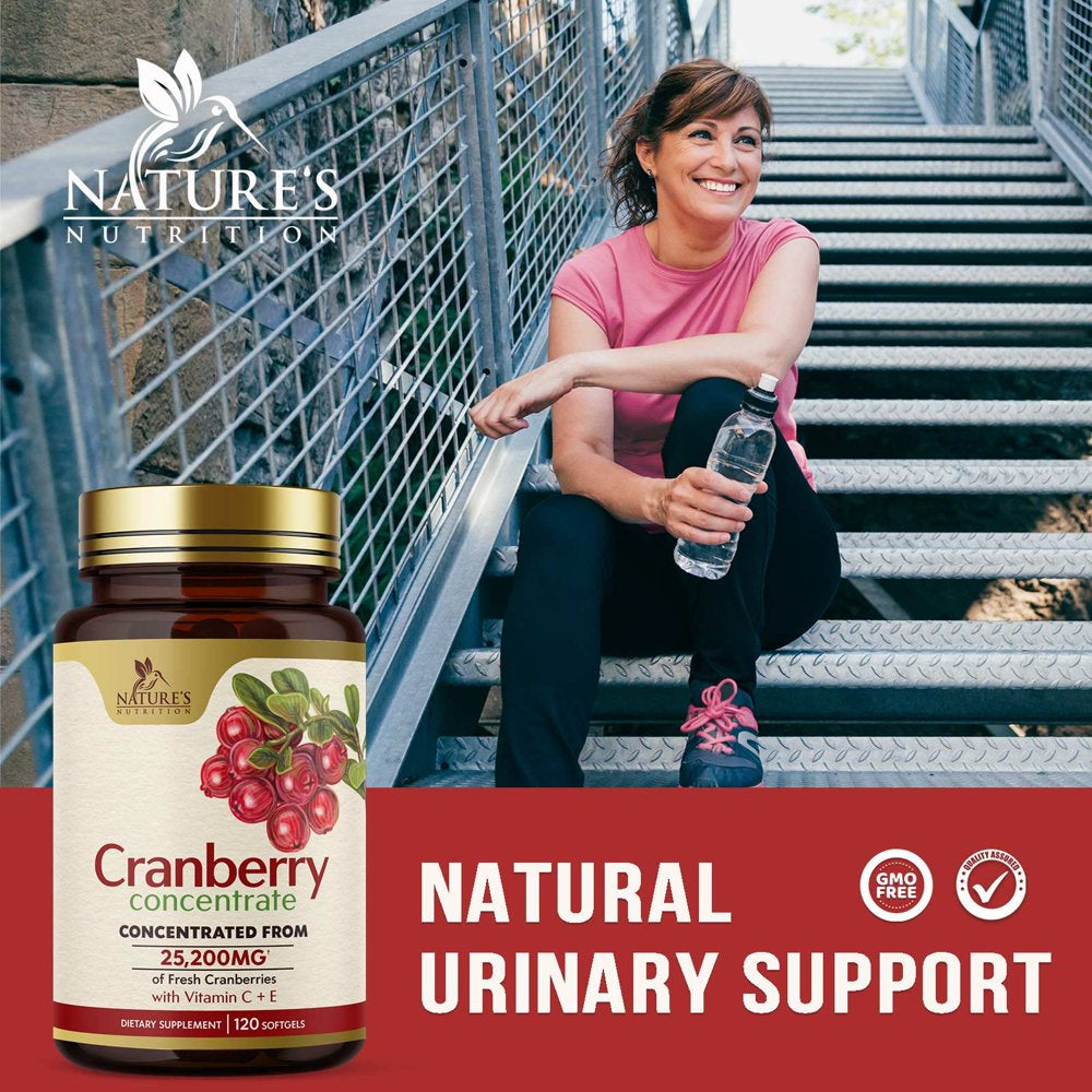 Cranberry Supplement Pills + Extra Strength Vitamin C & E, 25,200Mg Formula Supports Urinary Tract Health Non-Gmo and Gluten Free Nature'S Cranberry Pill Supplement - 120 Softgels
