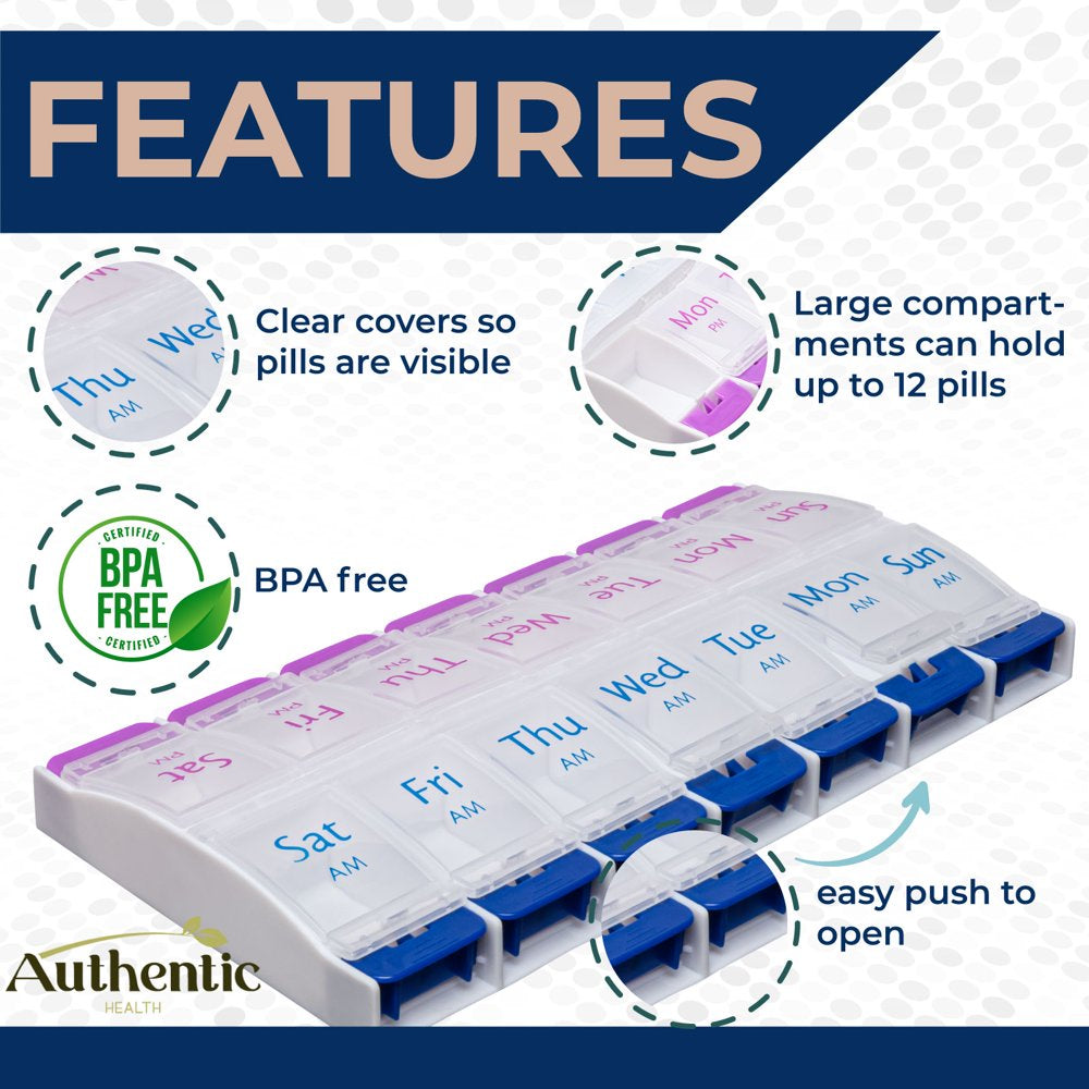 Authentic Health Pill Box, 7 Day, A.M-P.M, Easy Open, Case Organizer