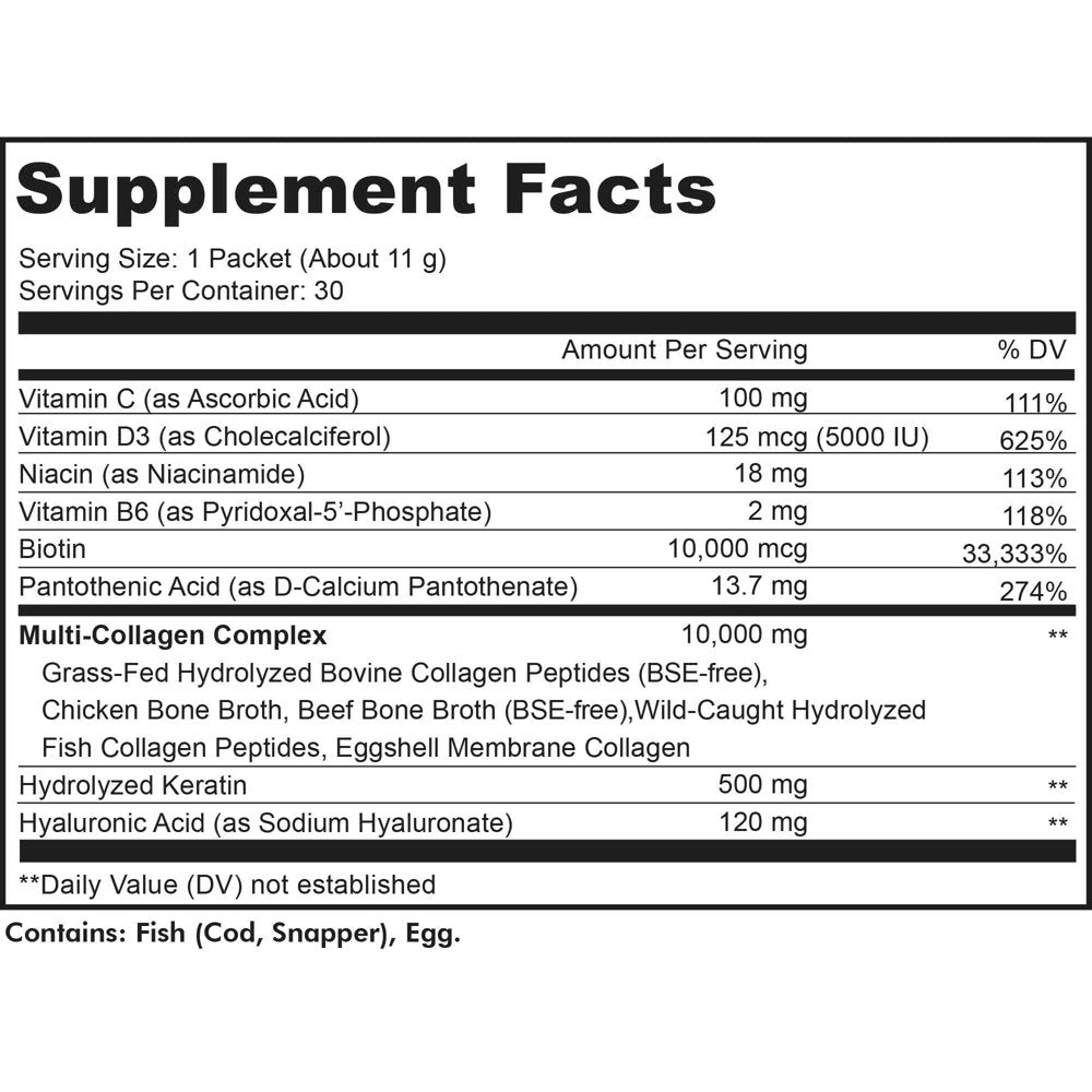 Codeage Multi Collagen and Biotin 10,000 Mcg + Vitamin C Powder Supplement, B6 & D3, 30 Stick Packs