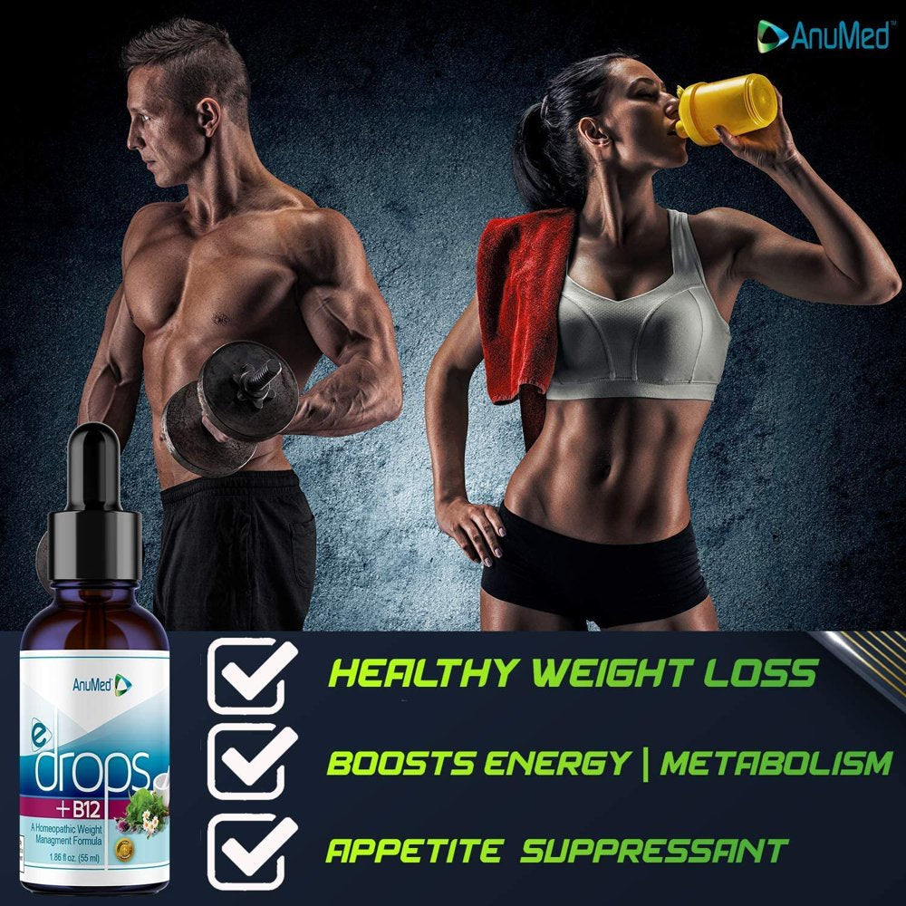 Anumed E-Drops+B12 Premium Fast Fat Burner Metabolism & Energy Booster Control Hunger Super Fast Transformation Healthy Weight Loss Drops All Natural Vegan & Keto Friendly for Women & Men 2Oz
