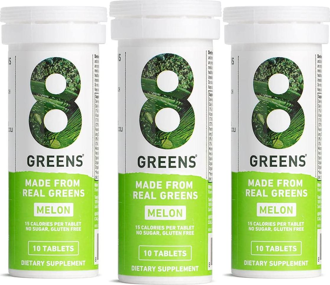 8Greens Melon Effervescent Tablets - Daily Superfood- Super Greens Vitamins, Vegan, Gluten Free, Non-GMO for Immune Support (Pack of 3 Tubes, 30 Tablets)