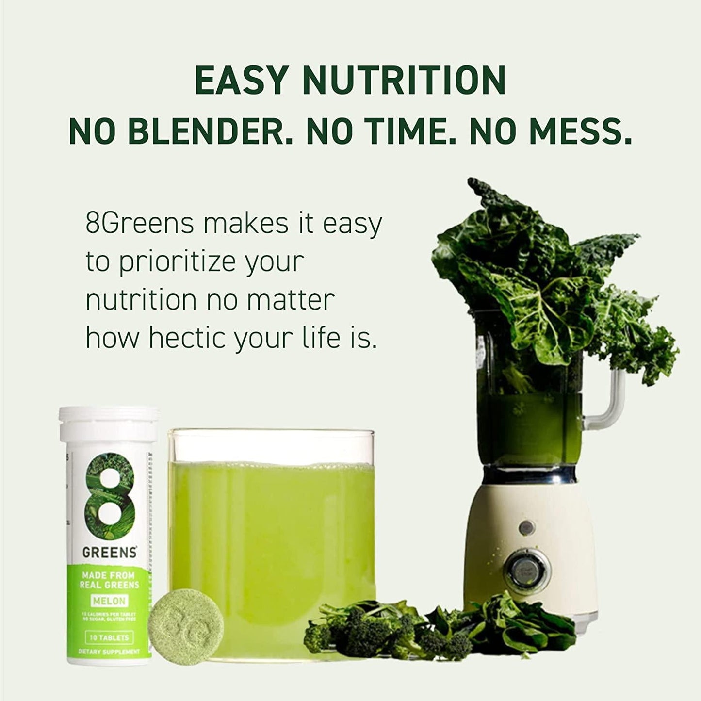 8Greens Melon Effervescent Tablets - Daily Superfood- Super Greens Vitamins, Vegan, Gluten Free, Non-GMO for Immune Support (Pack of 3 Tubes, 30 Tablets)