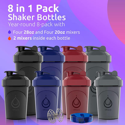 [8 Pack] Protein Shaker Bottles for Protein Mixes | 4 Large 28 oz and 20 oz small shaker bottle - Shaker Cups for protein shakes - Protein shake blender protein bottle- Shaker Bottle Pack by Diliqua