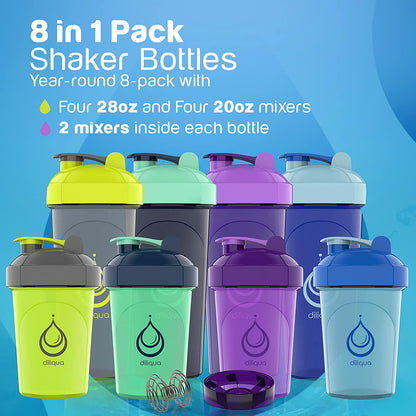 [8 Pack] Protein Shaker Bottles for Protein Mixes | Dishwasher Safe | 4 Small 20 oz and 4 Large 28 oz Shaker Cups for Protein Shakes | Blender Shaker Bottle Pack, gym shaker bottle by Diliqua