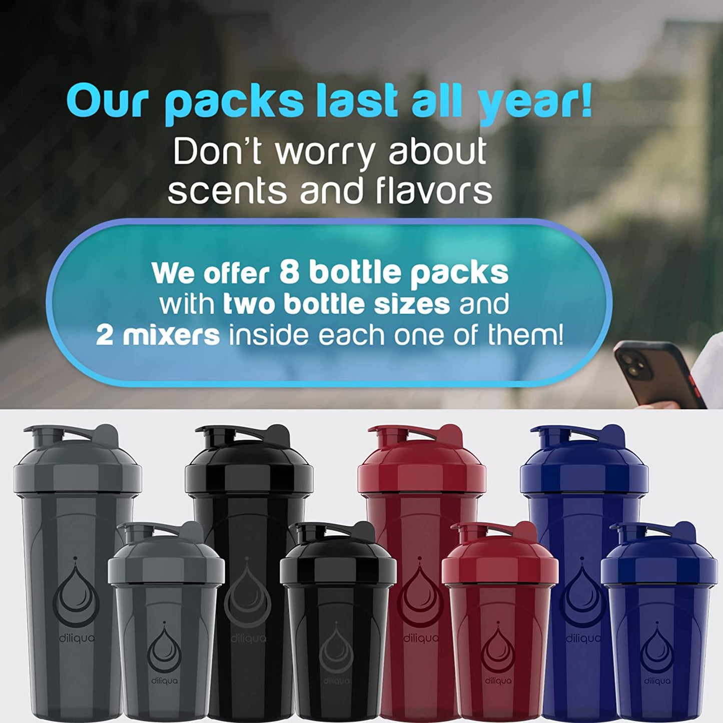 [8 Pack] Protein Shaker Bottles for Protein Mixes | 4 Large 28 oz and 20 oz small shaker bottle - Shaker Cups for protein shakes - Protein shake blender protein bottle- Shaker Bottle Pack by Diliqua