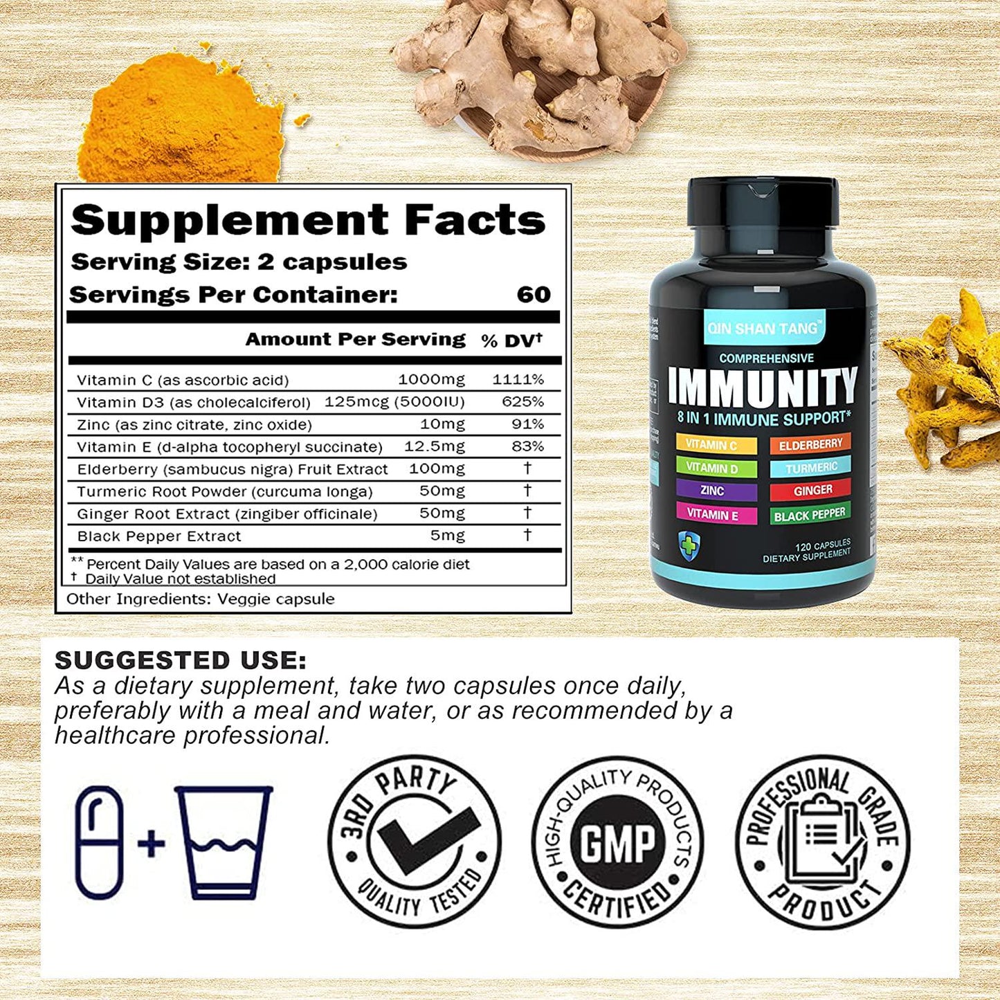 8 in 1 Immune Support Booster Supplement with Vitamin C, Vitamin D 5000 IU, Vitamin E, Zinc, Turmeric, Ginger and Black Pepper - Multivitamin for Men and Women
