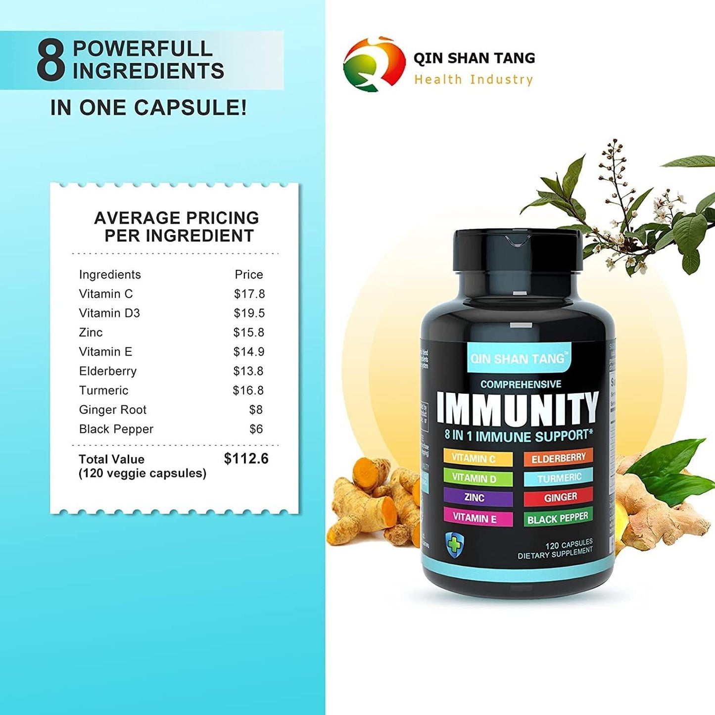 8 in 1 Immune Support Booster Supplement with Vitamin C, Vitamin D 5000 IU, Vitamin E, Zinc, Turmeric, Ginger and Black Pepper - Multivitamin for Men and Women