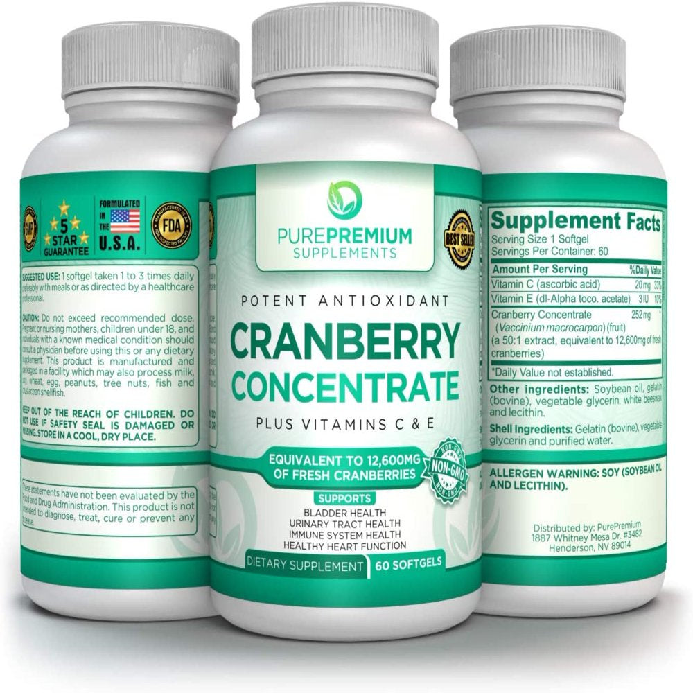 Cranberry Pills by Purepremium Supplements - Maximum Potency Cranberry Concentrate - Non-Gmo, 60 Softgels