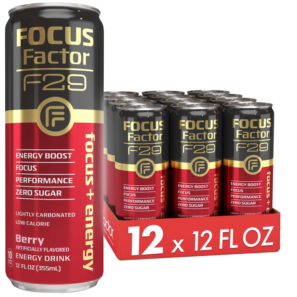 Focus Factor F29 Nootropic Focus + Energy Drink (Berry Flavor) – Sugar Free, Pack of 12 – Lightly Carbonated – 10 Calories per Serving – Nootropic Beverage