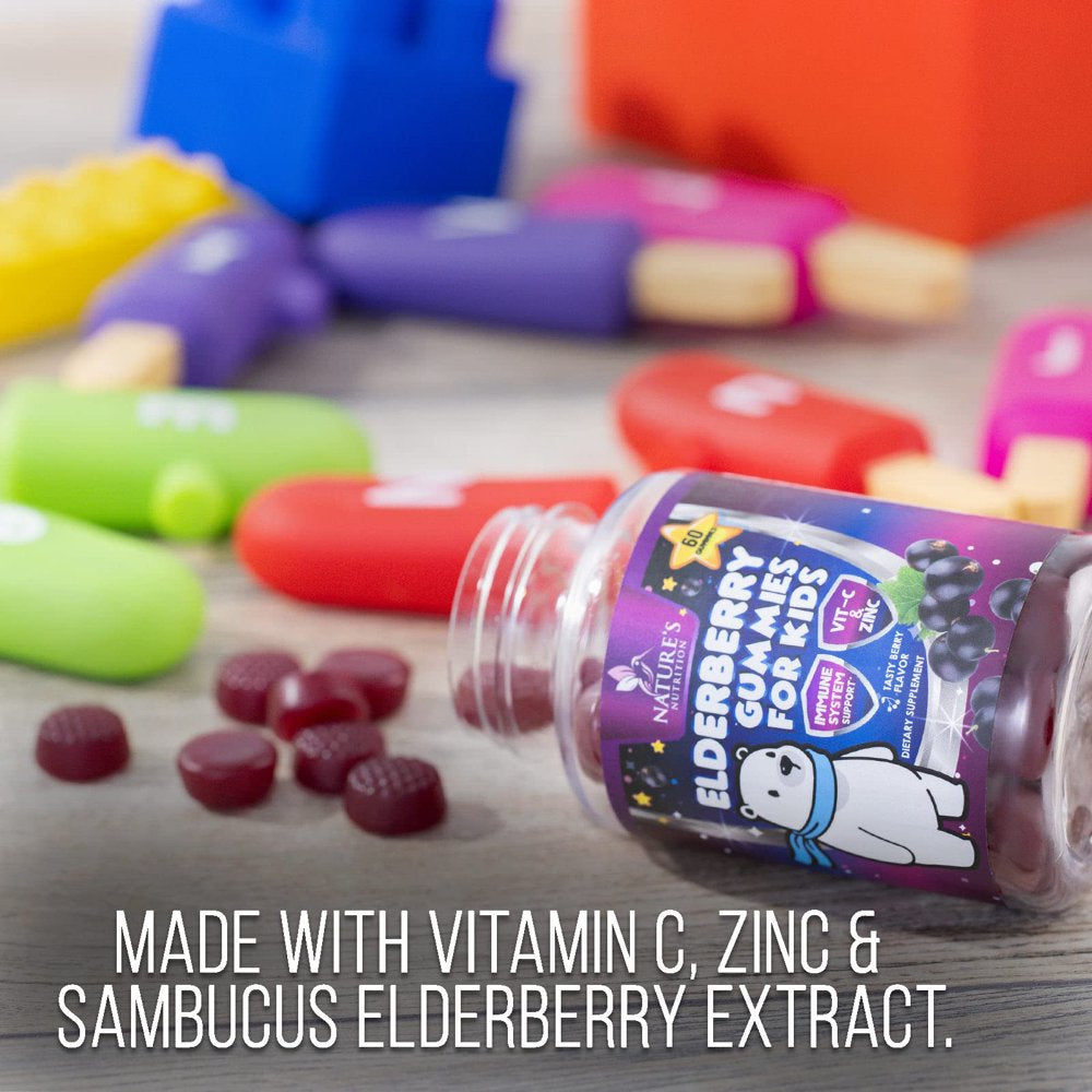 Elderberry Gummies for Kids with Vitamin C, Zinc & Sambucus Black Elderberry Extract - Daily Childrens Immune Support Vitamins Gummy Supplement, Non-Gmo, Vegan, Natural Berry Flavor - 60 Gummies