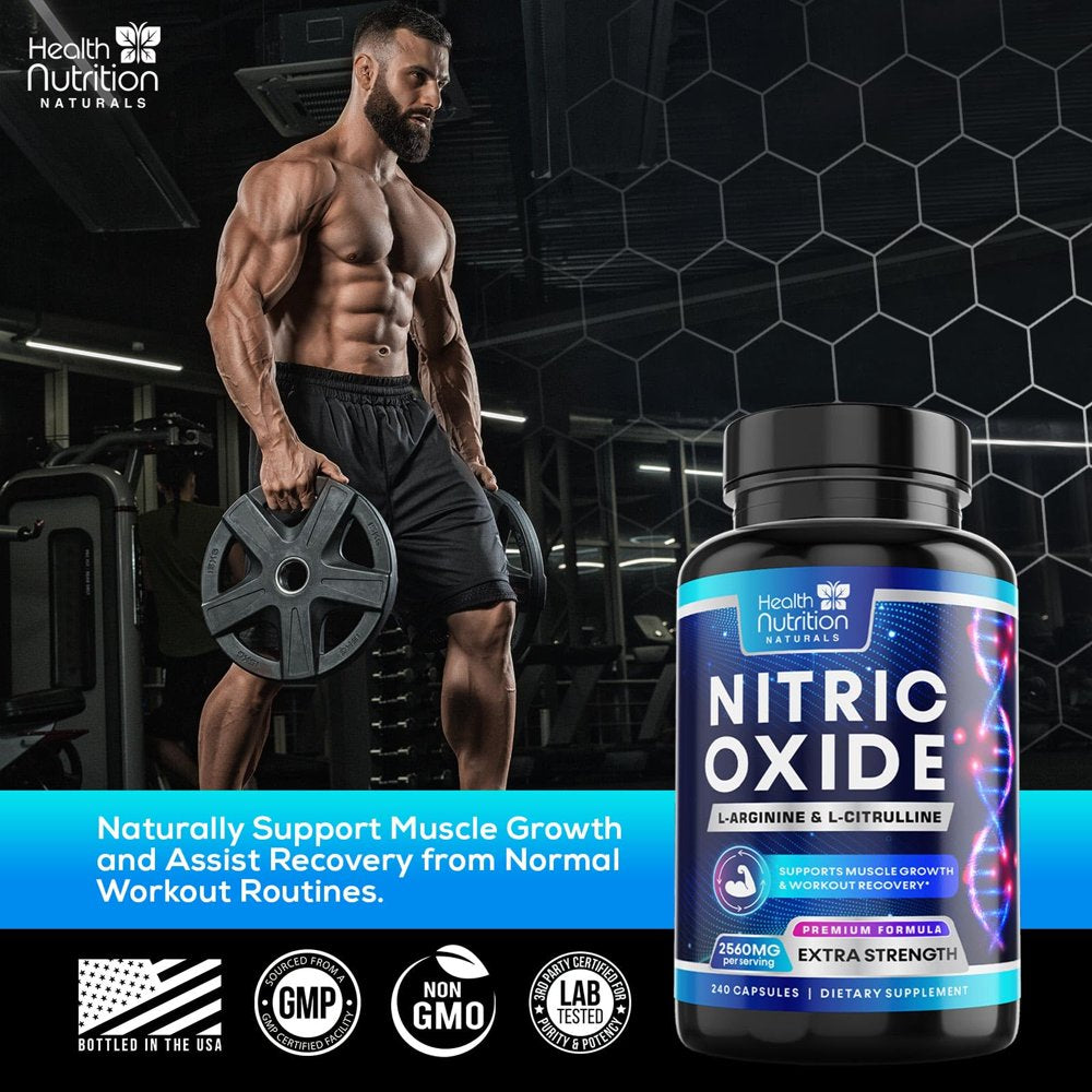Extra Strength Nitric Oxide Supplement L Arginine 3X Strength - Citrulline Malate, AAKG, Beta Alanine - Premium Muscle Supporting Nitric Booster for Energy & Strength to Train Harder - 240 Capsules