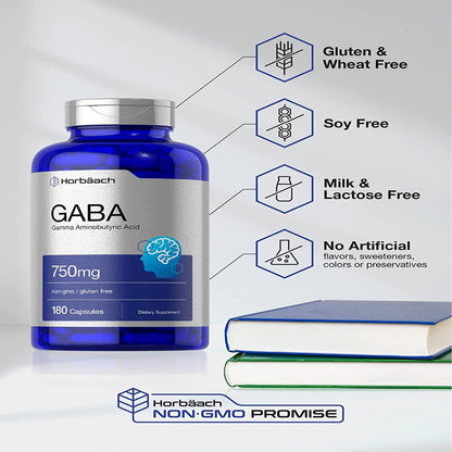 GABA 750Mg | 180 Capsules | Gamma Aminobutyric Acid Supplement | by Horbaach