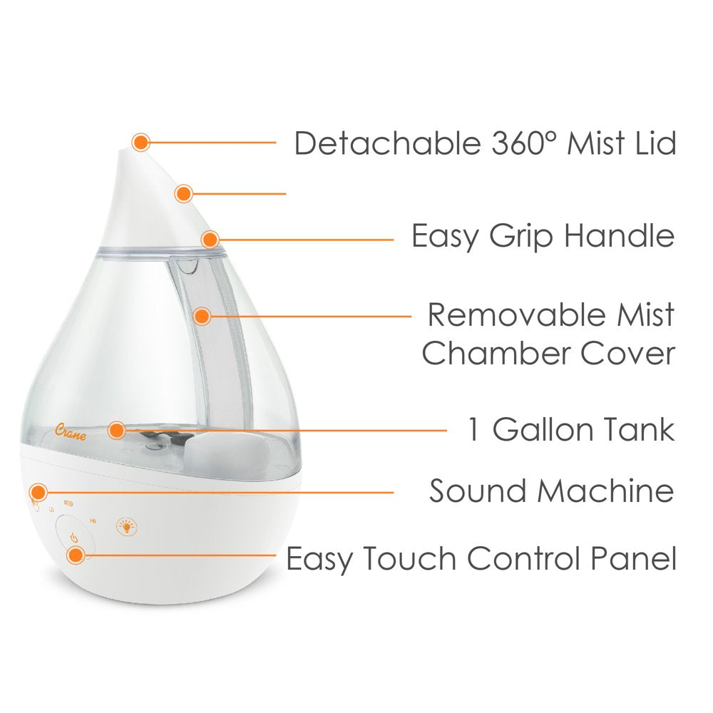 Crane USA Top Fill Drop 1 Gallon Ultrasonic Cool Mist Humidifier with Sound Machine and Optional Nightlight, White